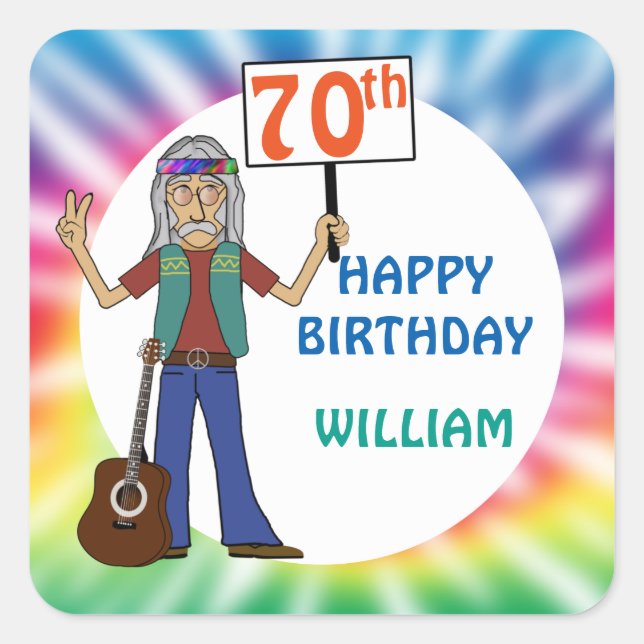 Old Hippie Hippy Tie Dye 70th Birthday Party Square Sticker (Front)