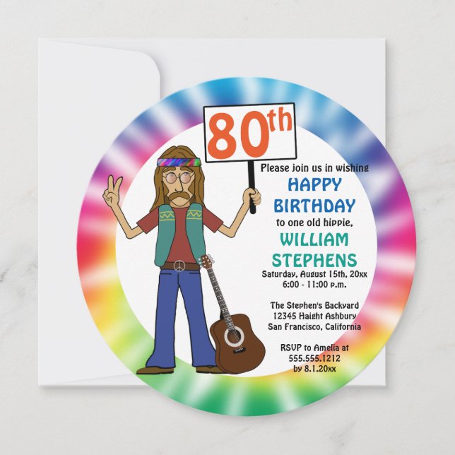 Old Hippie Hippy Tie Dye 80th Birthday Party Invitation (Front)