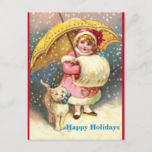 Old Holiday Image Girl, Snow ,Cat ,Yellow Umbrella Postcard