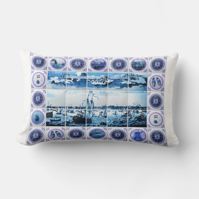 Old Holland Delft Blue/ Delftware Style Tile Mural Lumbar Cushion (Front)