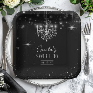 Old Hollywood B & W Chandelier Sweet 16 ID1108 Paper Plate