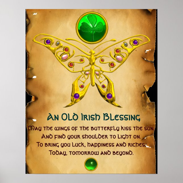 Old Irish Blessing Parchment with Gold Butterfly Poster (Front)