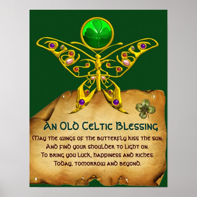 Old Irish Blessing Parchment with Gold Butterfly Poster (Front)