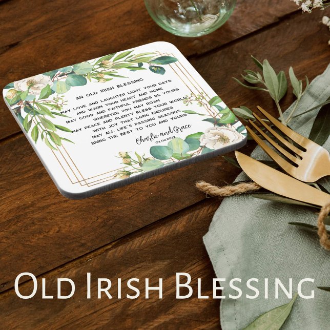 Old Irish Blessing & Wedding Greenery 2  Coaster (Square wedding coaster with an old Irish blessing. Beautiful white roses with touches of gold.)