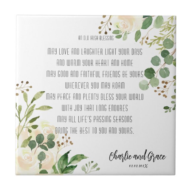 Old Irish Blessing & Wedding Greenery  Tile (Front)