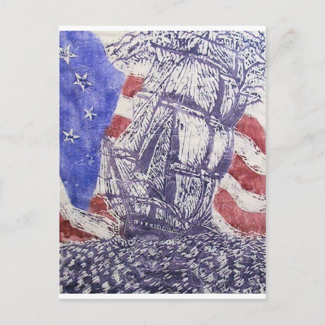 old ironsides woodcut print postcard (Front)