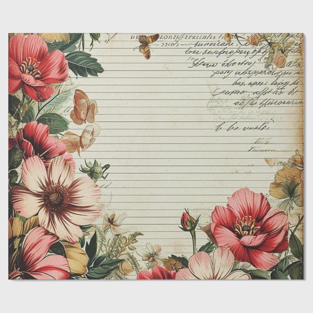 Old Junk Journal Flower Letters Wrapping Paper (Flat)