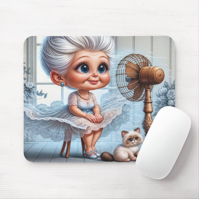 Old Lady Cooling Off In Front of an Old Fan Mouse Pad (With Mouse)