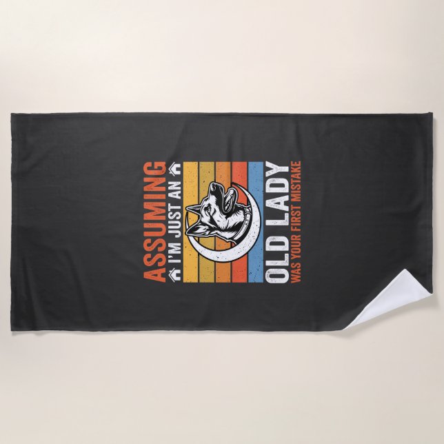 Old Lady Dog Warning Retro Beach Towel (Front)