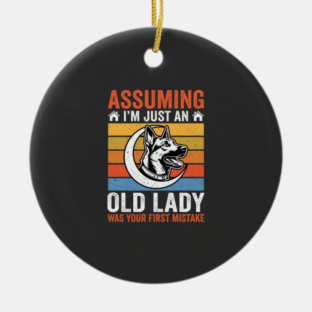 Old Lady Dog Warning Retro Ceramic Tree Decoration (Front)