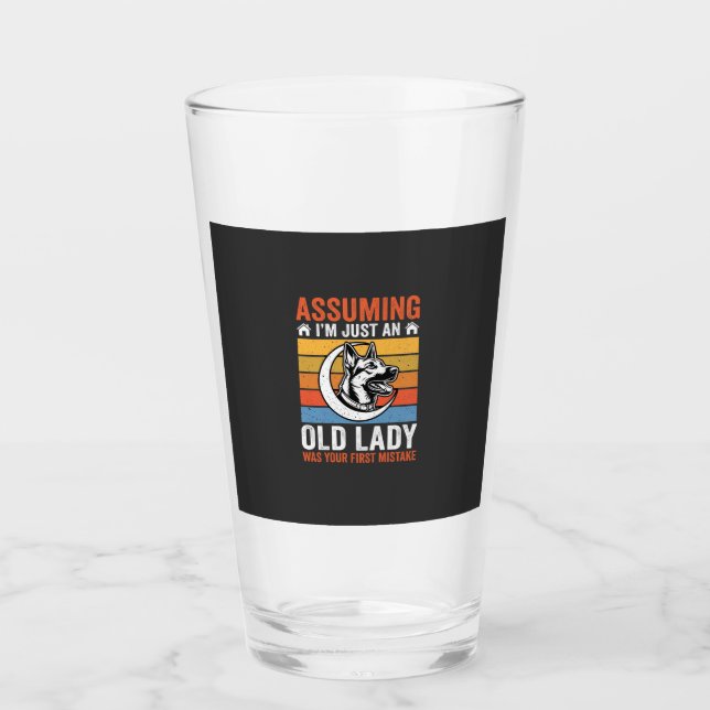 Old Lady Dog Warning Retro Glass (Front)