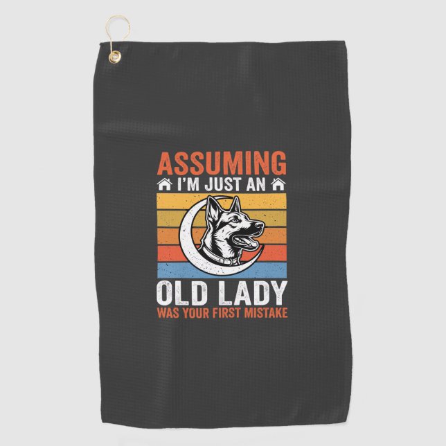 Old Lady Dog Warning Retro Golf Towel (Front)