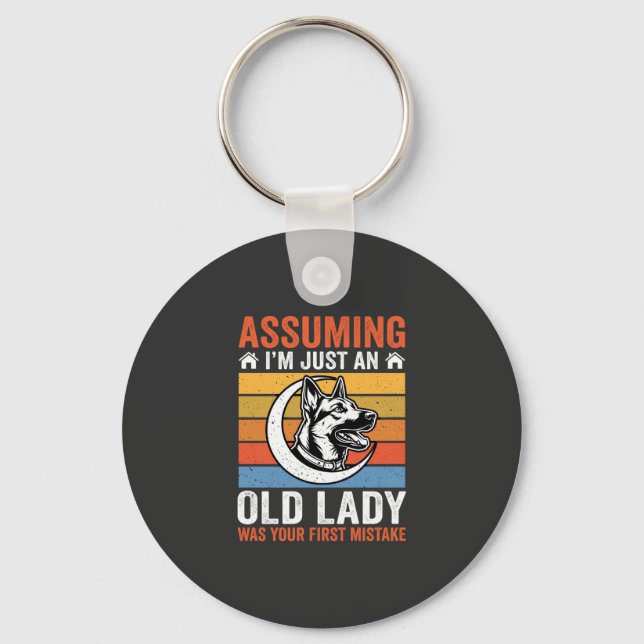 Old Lady Dog Warning Retro Key Ring (Front)