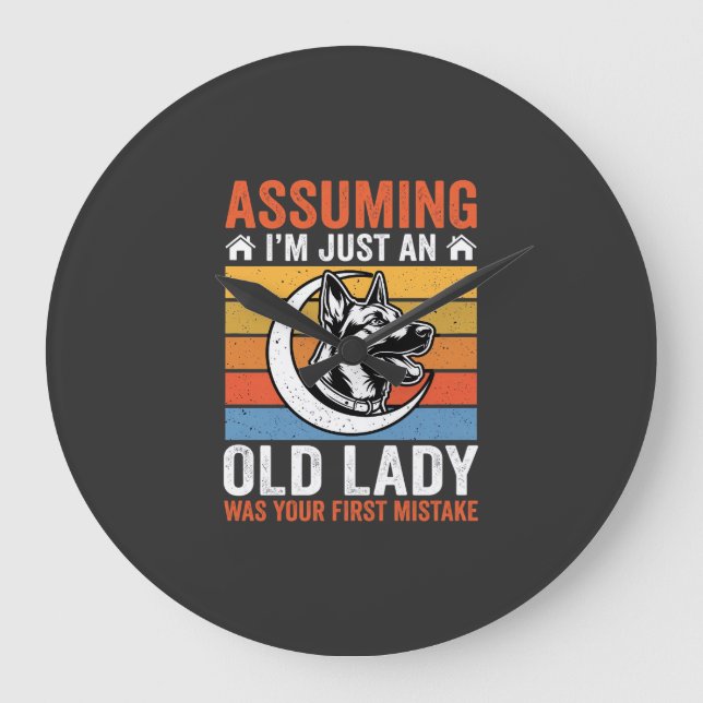 Old Lady Dog Warning Retro Large Clock (Front)