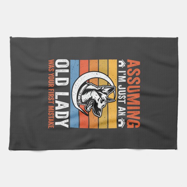 Old Lady Dog Warning Retro Tea Towel (Horizontal)