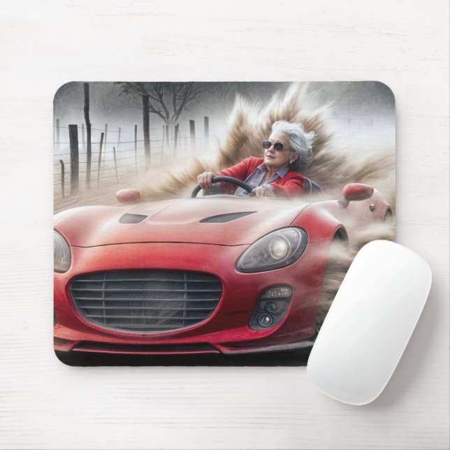 Old Lady Driving a Red Sports Car Mouse Pad (With Mouse)