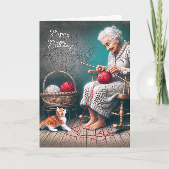 Old Lady Knitting for Birthday Card (Front)