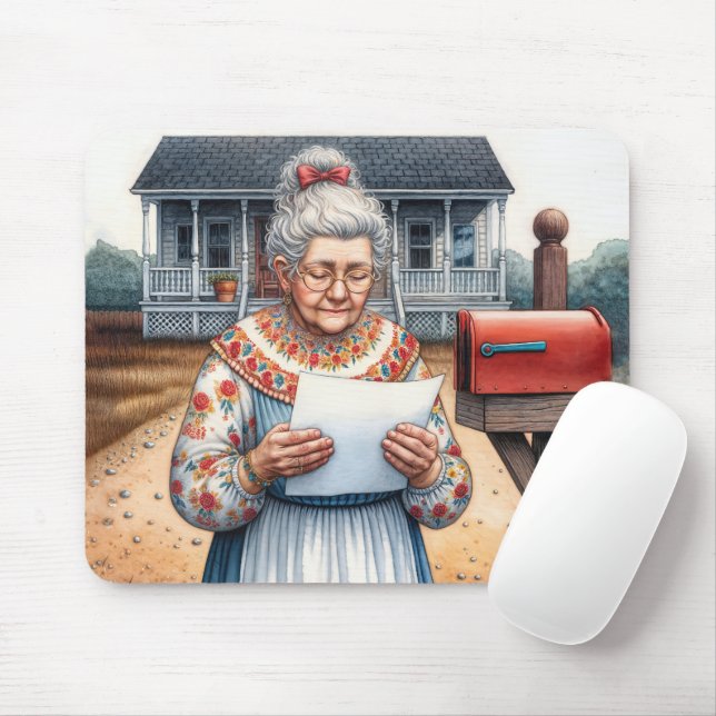 Old Lady Reading a Letter By a Mailbox Mouse Pad (With Mouse)