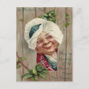 Old Lady Smile Shamrock Fence Bonnet Postcard