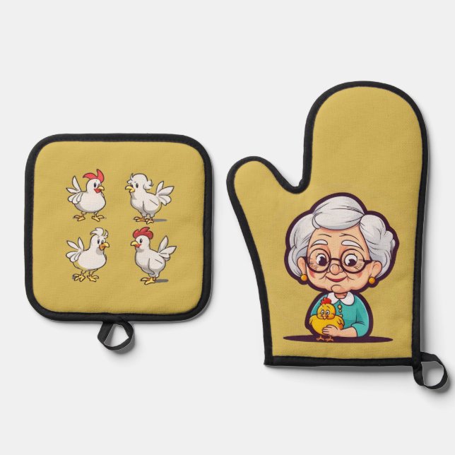 Old lady with Chicken Oven Mitt & Pot Holder Set (Front)