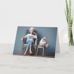 Old Lady With I Love Cats T-shirt Card