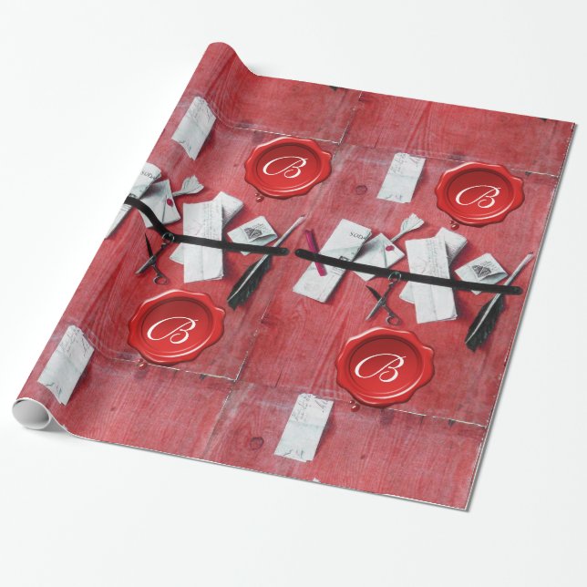 OLD LETTER HOLDER IN WOOD,RED WAX SEAL MONOGRAM WRAPPING PAPER (Unrolled)