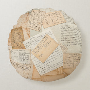 Old letters,  handwritings,  vintage postcards,  e round cushion