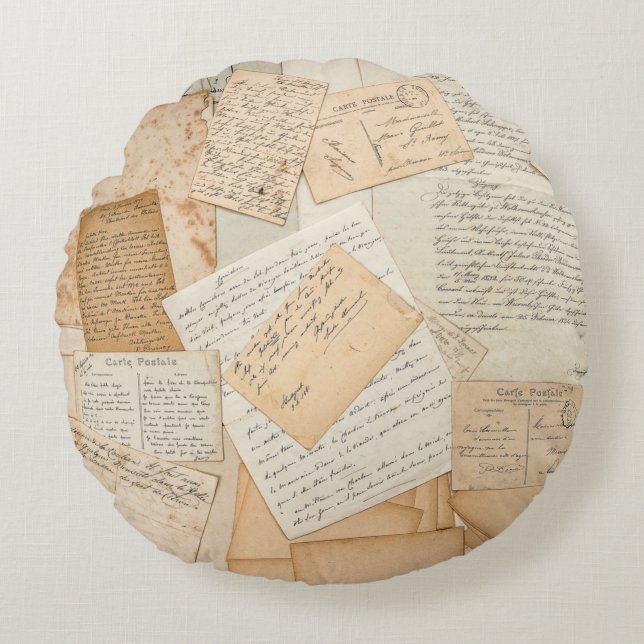 Old letters,  handwritings,  vintage postcards,  e round cushion (Front)