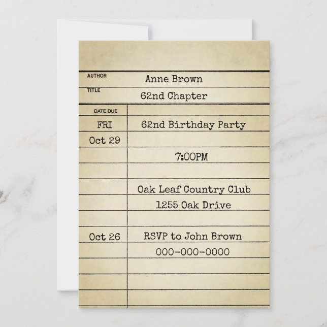 Old Library Card 62nd Birthday Party (Front)