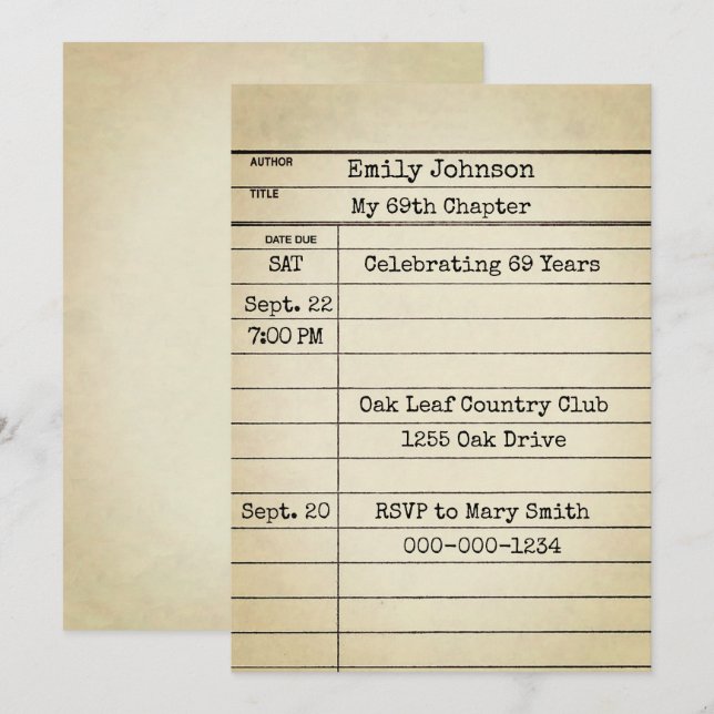 Old Library Card 69th Birthday Party (Front/Back)