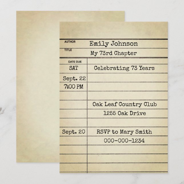 Old Library Card 73rd Birthday Party (Front/Back)