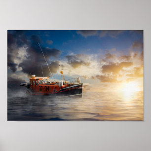Old lifeboat at sea in Norfolk Poster