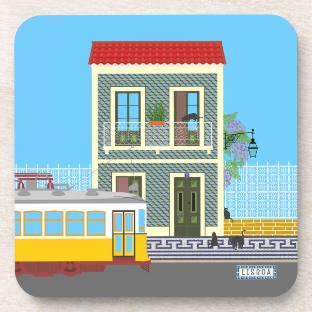 Old Lisbon house with cats  and yellow tram Coaster (Front)