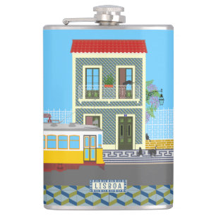 Old Lisbon house with cats and yellow tram Hip Flask