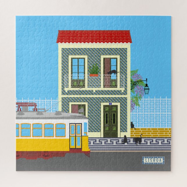 Old Lisbon house with cats  and yellow tram Jigsaw Puzzle