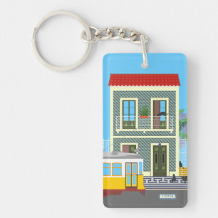 Old Lisbon house with cats and yellow tram Key Ring