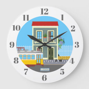 Old Lisbon house with cats and yellow tram Large Clock