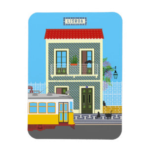 Old Lisbon house with cats  and yellow tram Magnet