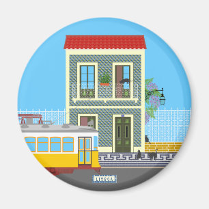Old Lisbon house with cats and yellow tram Magnet