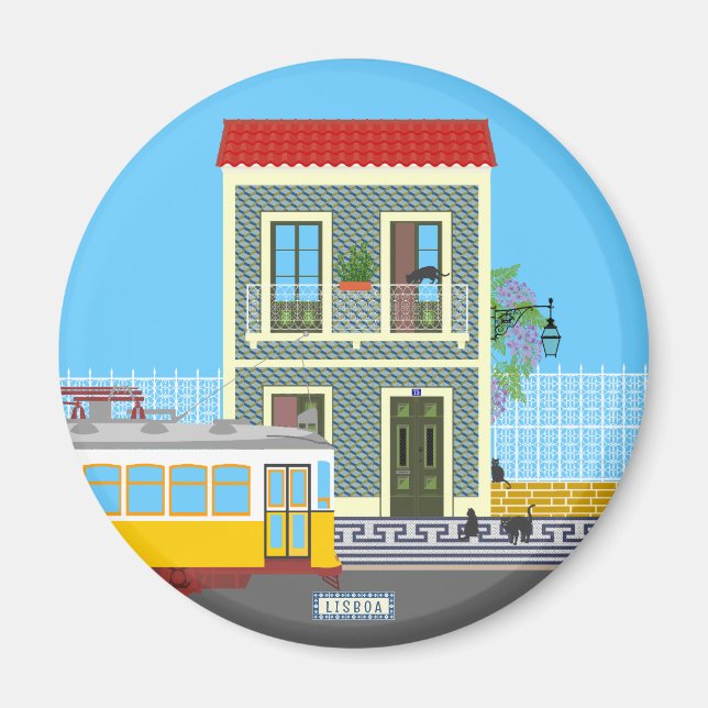 Old Lisbon house with cats  and yellow tram Magnet (Front)