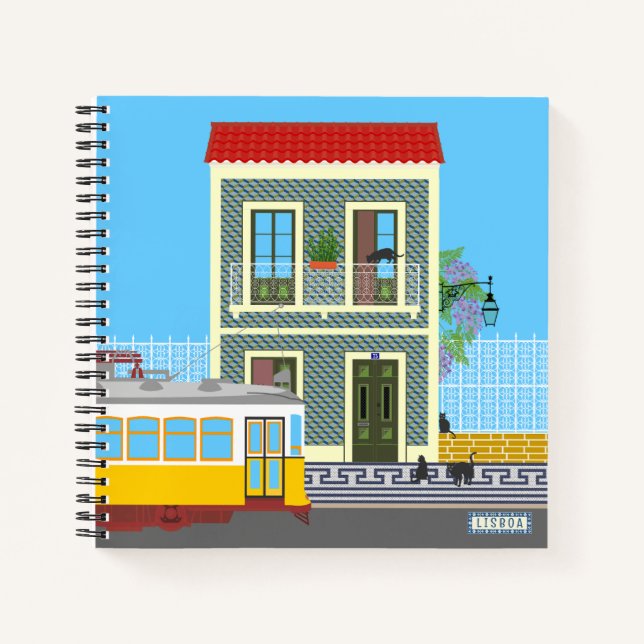 Old Lisbon house with cats  and yellow tram Notebook (Front)
