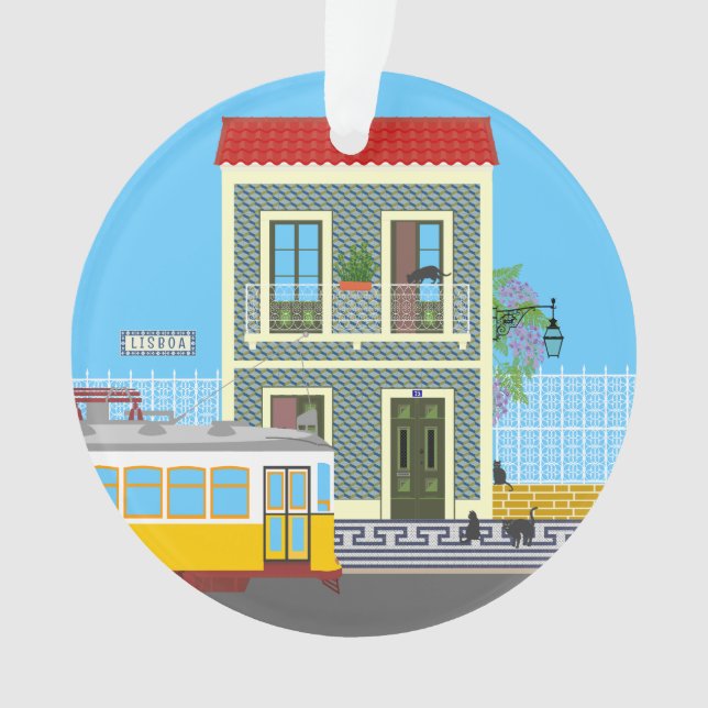 Old Lisbon house with cats  and yellow tram Ornament (Front)