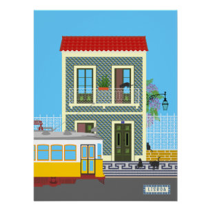 Old Lisbon house with cats and yellow tram Poster