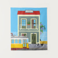 Old Lisbon house with cats and yellow tram