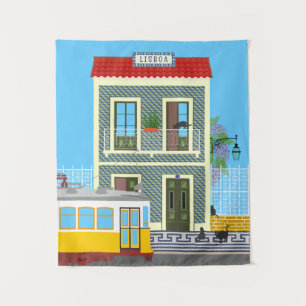 Old Lisbon house with cats and yellow tram Tapestry