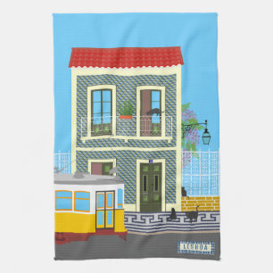 Old Lisbon house with cats and yellow tram Tea Towel