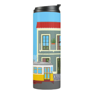 Old Lisbon house with cats and yellow tram Thermal Tumbler