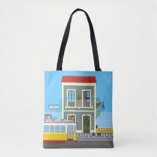 Old Lisbon house with cats  and yellow tram Tote Bag