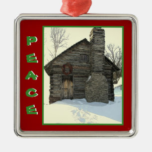 "OLD LOG CABIN IN SNOW" CHRISTMAS ORNAMENT