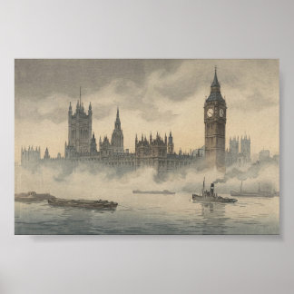 Old London in the Mist Japanese Woodblock Print